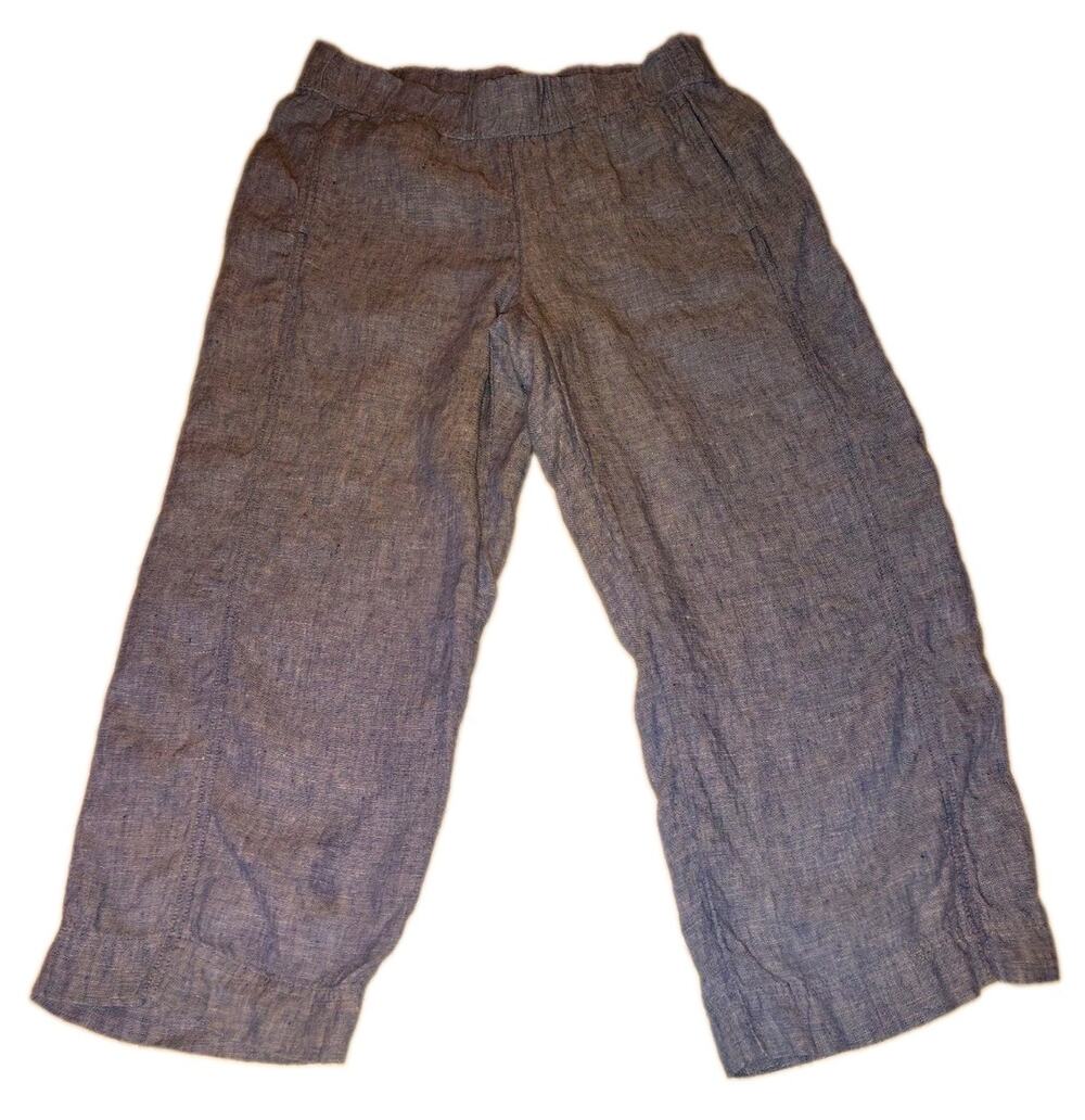Pure Jill 100% Linen Wide Leg Cropped Pants Blue Chambray Elastic Waist Size S
